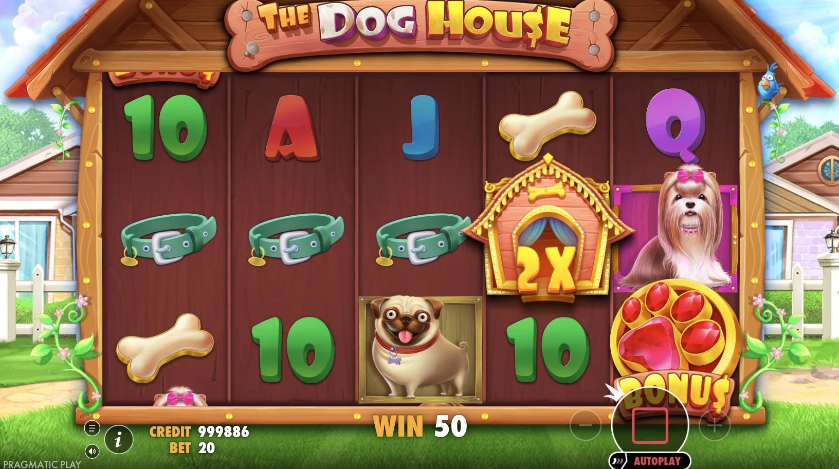 Base game win with 2x wild multiplier and bonus scatter visible in The Dog House