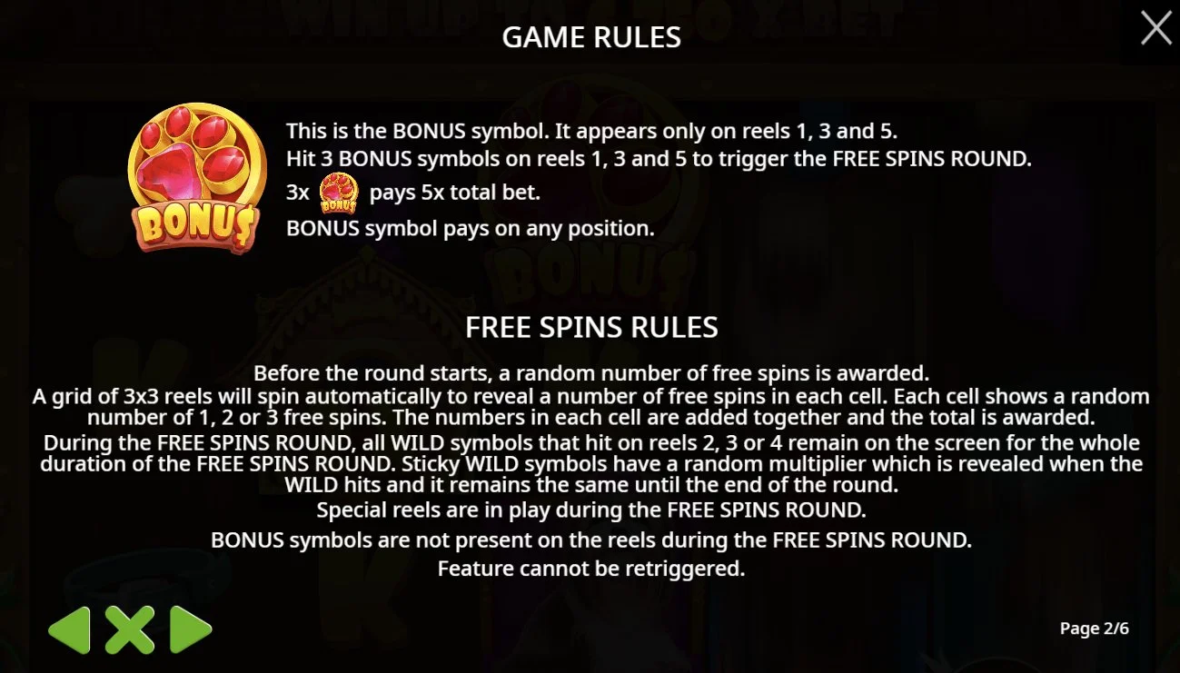 Free spins rules showing bonus trigger and sticky wilds mechanic in The Dog House Megaways