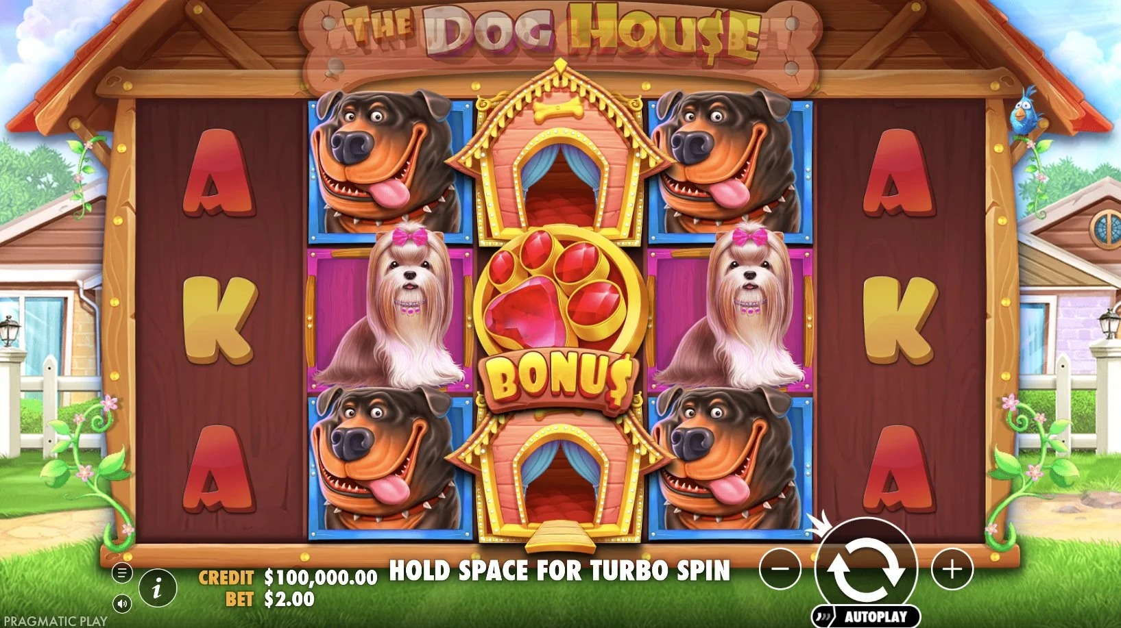 Base game with bonus scatter and dog symbols on reels in The Dog House Megaways