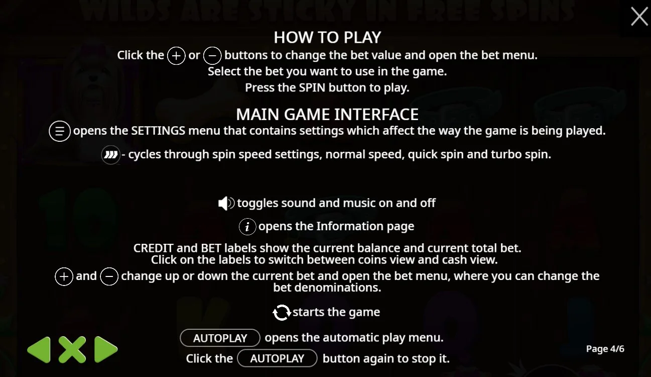 How to play interface guide showing controls and settings in The Dog House Megaways