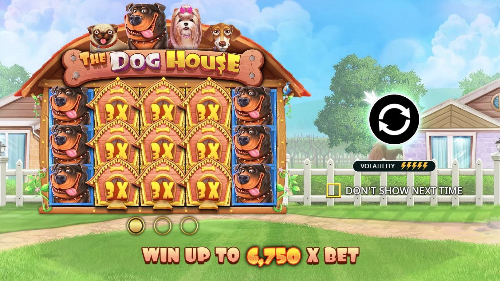The Dog House intro screen showing 3x multiplier wilds and max win badge