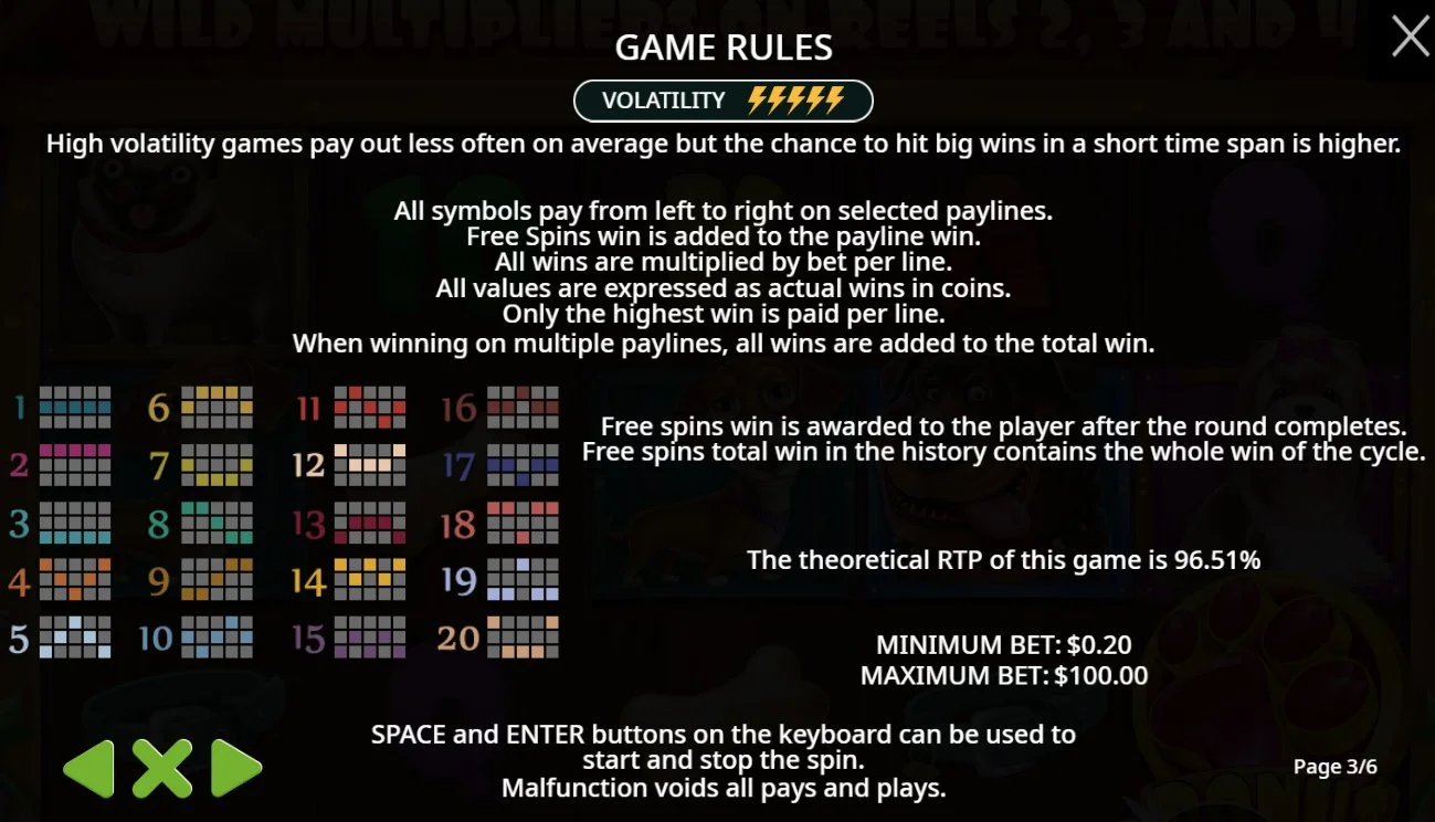 Game rules page showing RTP and high volatility rating in The Dog House Megaways