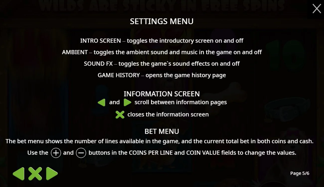 Settings menu and bet menu explanation in The Dog House Megaways slot